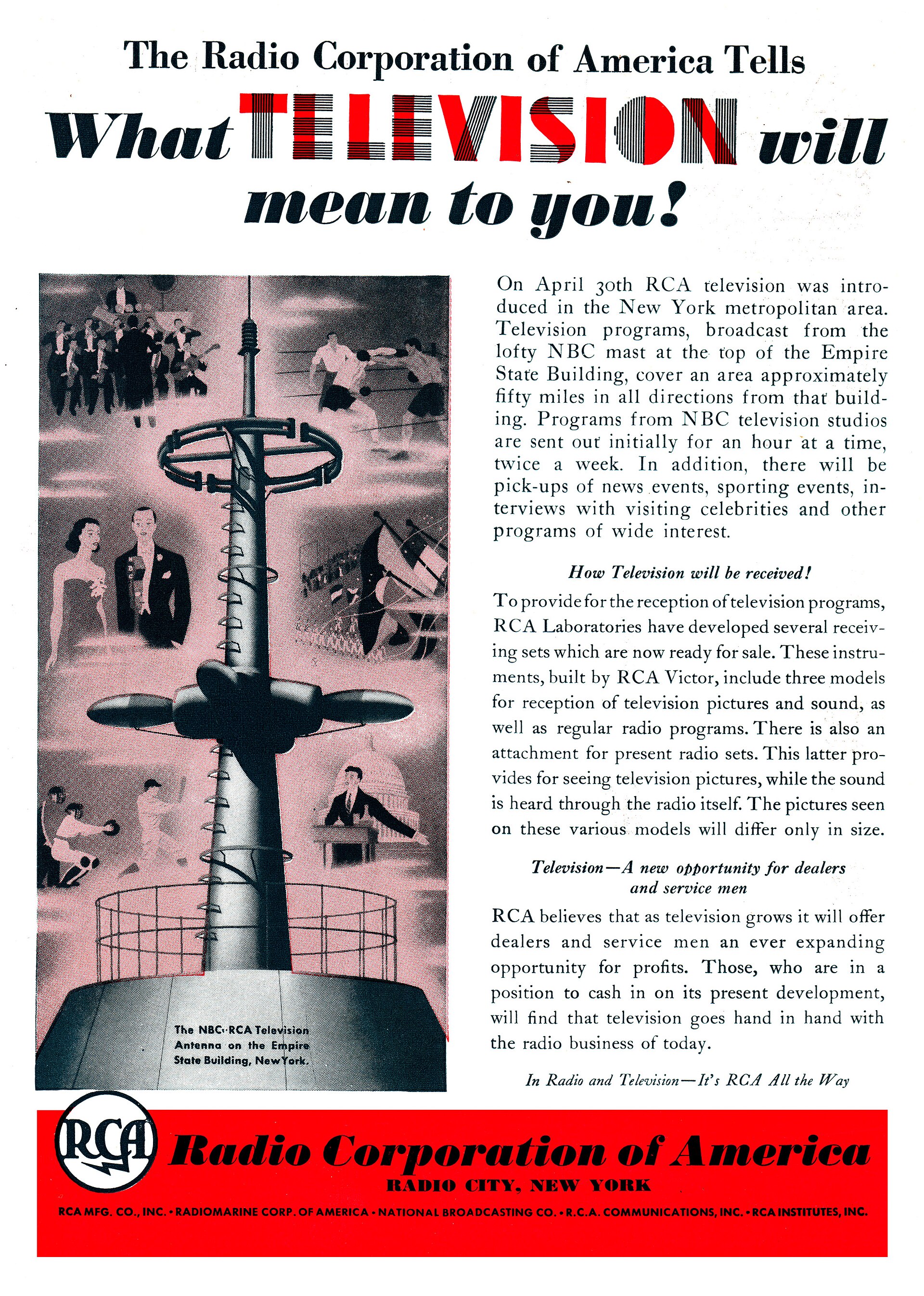 Radio Corporation of America (RCA Victor, National Broadcasting Company) advertisement for the beginning of regular experimental television broadcasting from the NBC studios to the New York metropolitan area on April 30, 1939 for "an hour at a time, twice a week."